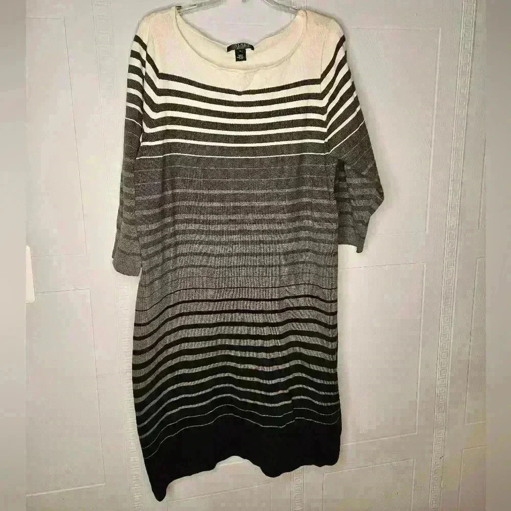 Lauren Ralph Lauren Cotton Knit Gray Striped Round Neck 3/4 Sleeve Midi Dress 1x